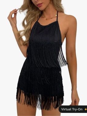 Black Fringe Halter Mini Dress